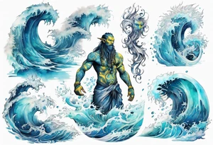 a Na'vi standing in the sea surrounded by crashing waves tattoo idea