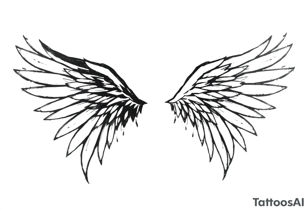 the wings go up

This tattoo design features a pair symmetrical angel wings drawn in black ink with a rough, sketch-like style. The left wing is darker, more defined, and appears denser, while the right wing is lighter, more delicate, and fragmented, creating a contrast between the two. The feathers are sharp and irregular, with fine lines and stray strokes extending outward, adding a raw and artistic feel. The overall look is dynamic and slightly chaotic, giving the impression of movement or an unfinished, ethereal form. This design symbolizes duality, freedom, transformation, or even struggle, making it a meaningful and visually striking tattoo. tattoo idea