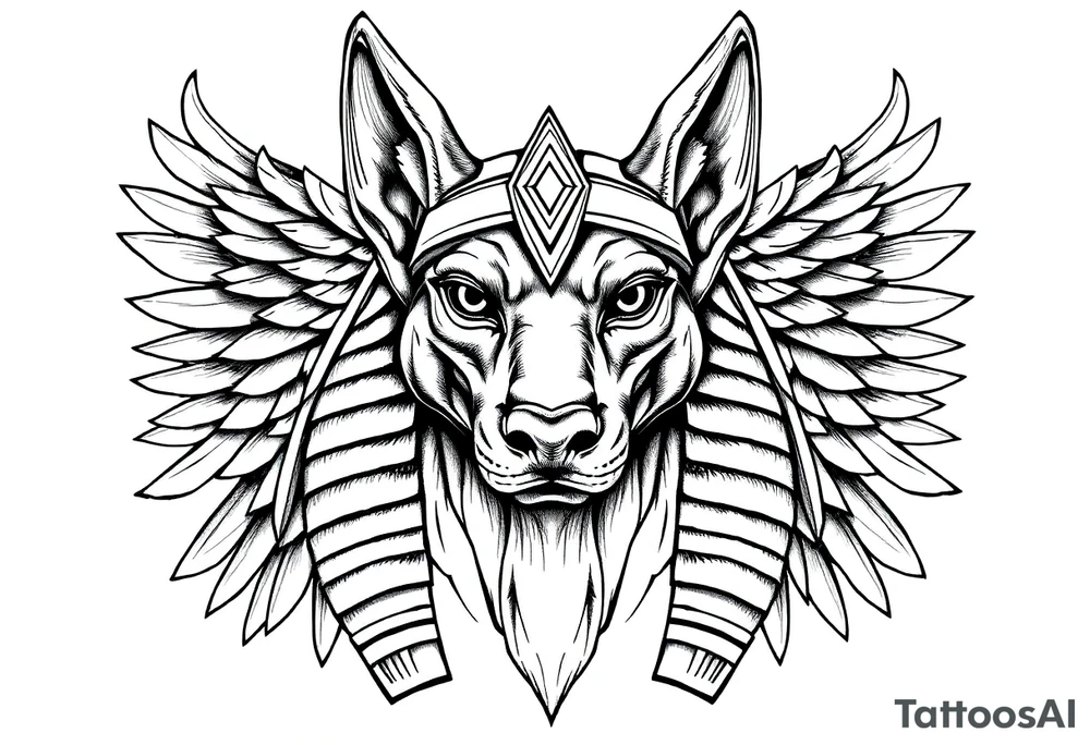 Egyptian Anubis god face muscle in Egypt style  with mantle on head with empty eyes 

dog face surrounded Egyptian symbols based on elements tattoo idea