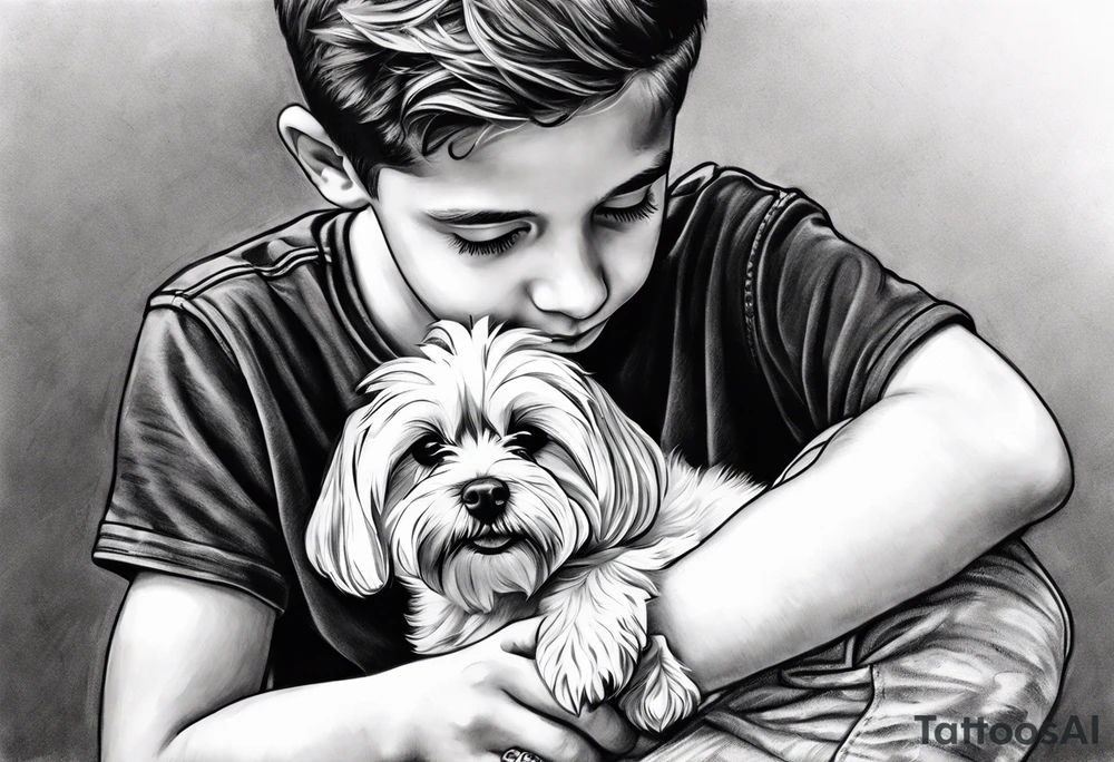 A boy holding a Maltese dog tattoo idea