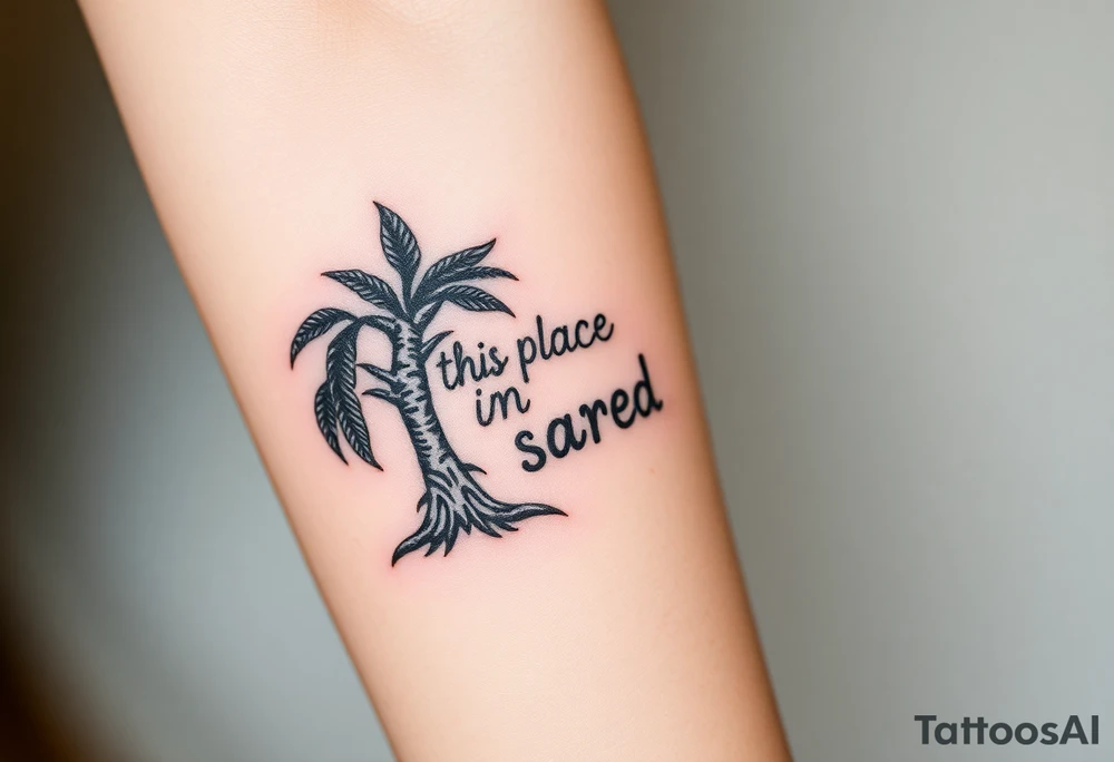 Hand written writing that says this place is sacred on the trunk of a small breadfruit tree tattoo idea