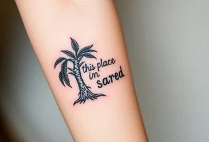 Hand written writing that says this place is sacred on the trunk of a small breadfruit tree tattoo idea