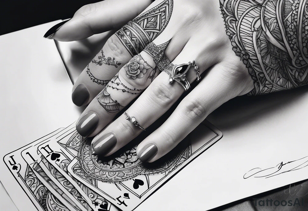 woman hand holding cards tattoo idea