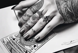 woman hand holding cards tattoo idea