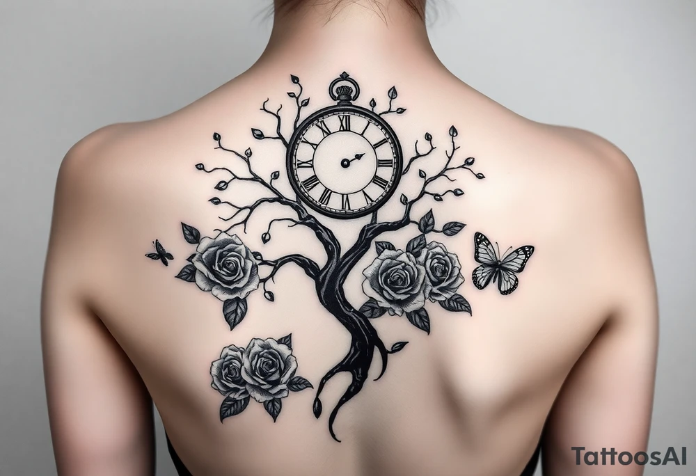a clock, poisoned tree, big and small roses, big and small butterflies tattoo idea a clock, poisoned tree, big and small roses, big and small butterflies tattoo idea