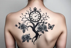 a clock, poisoned tree, big and small roses, big and small butterflies tattoo idea