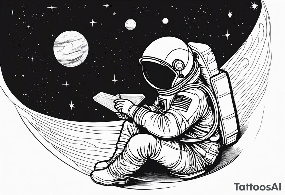 an astronaut hunched over in space from the back holding a planet in his hands tattoo idea