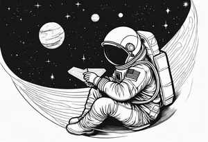 an astronaut hunched over in space from the back holding a planet in his hands tattoo idea