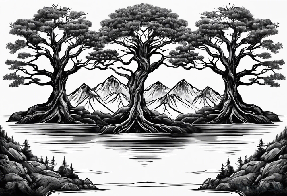 Three mountains three trees with roots tattoo idea Three mountains three trees with roots tattoo idea