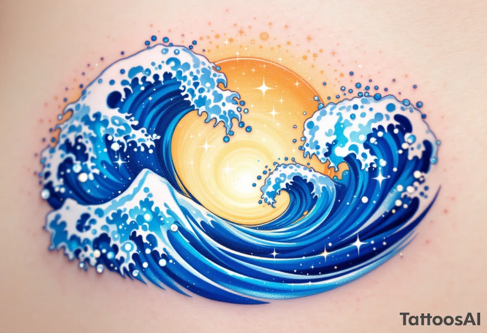 A sparkling sapphire-colored wave crests under a golden sky on the lower leg. tattoo idea