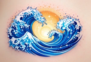 A sparkling sapphire-colored wave crests under a golden sky on the lower leg. tattoo idea