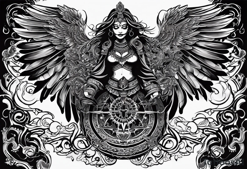 black kali, goddess pirate, alien, angel, pachamama, valkrye, warrior, flying, skull, lotus azul, wing, eagle, zenza resonance, stars, 5D, anahata chakra, death, durga, riding on a tiger, flying lady tattoo idea