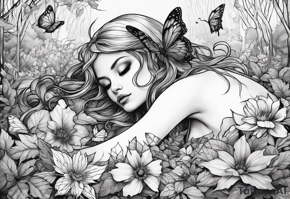 A depressed fairy laid down, flat to the ground on her front, surrounded by mystical woodland and butterflies tattoo idea