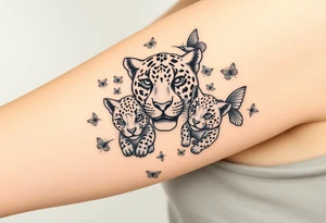 head of 3 jaguars (1 mother and 2 cubs) surrounded by butterflies and hummingbirds in new old school style tattoo idea