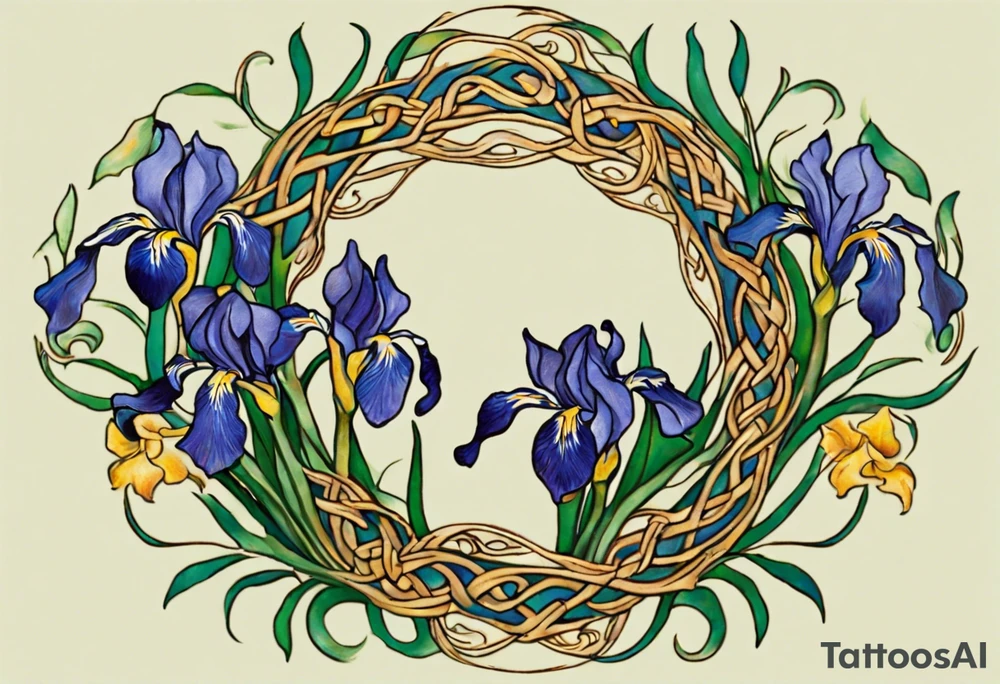 Create a small, thick colorful Vincent van Gogh Irises tattoo, with vines in Celtic knots gracefully intertwining at a central point in the middle of the wreath.  The intended placement is on the upper chest. The overall design should be small in size while maintaining a delicate and artistic aesthetic. Pay attention to the graceful flow of the vines and the placement of the irises to achieve a refined and elegant look. Mountains need to be inside the design tattoo idea