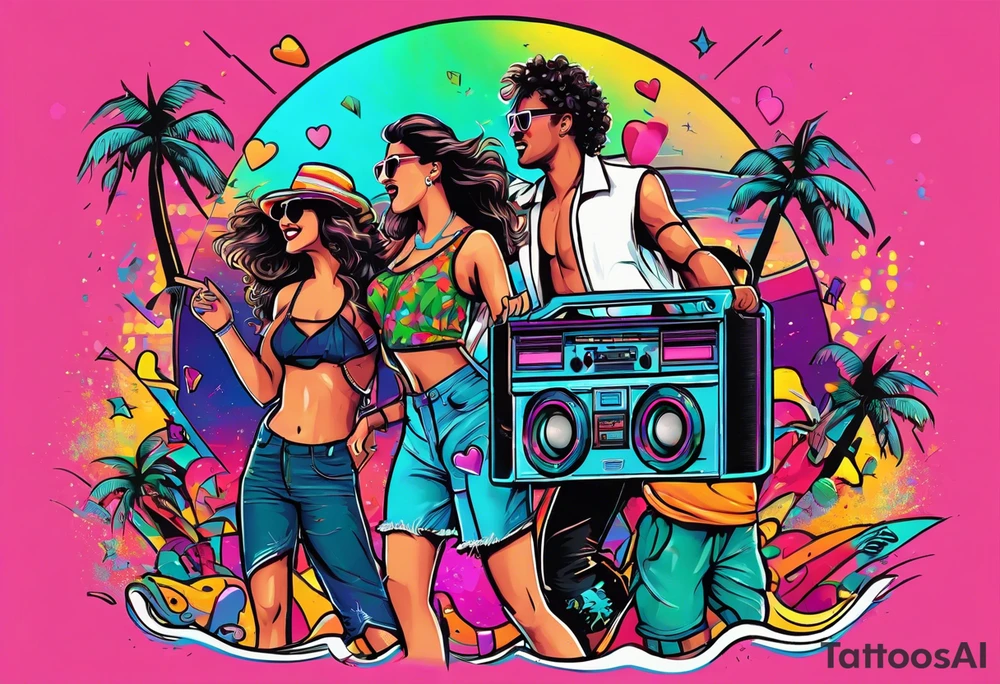 1980's style dance party with boom box and confetti in a beach theme. include people in 80's miami beach clothes, music note. tattoo idea