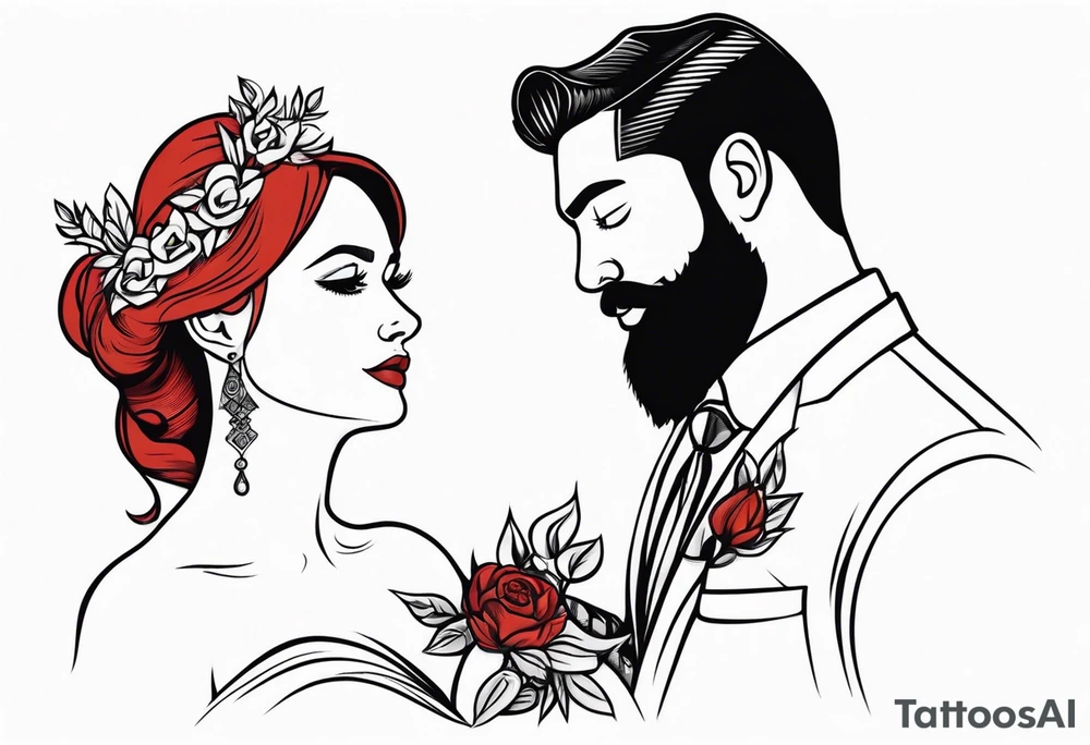 Busty red haired woman with a bearded man who has black hair getting married tattoo idea