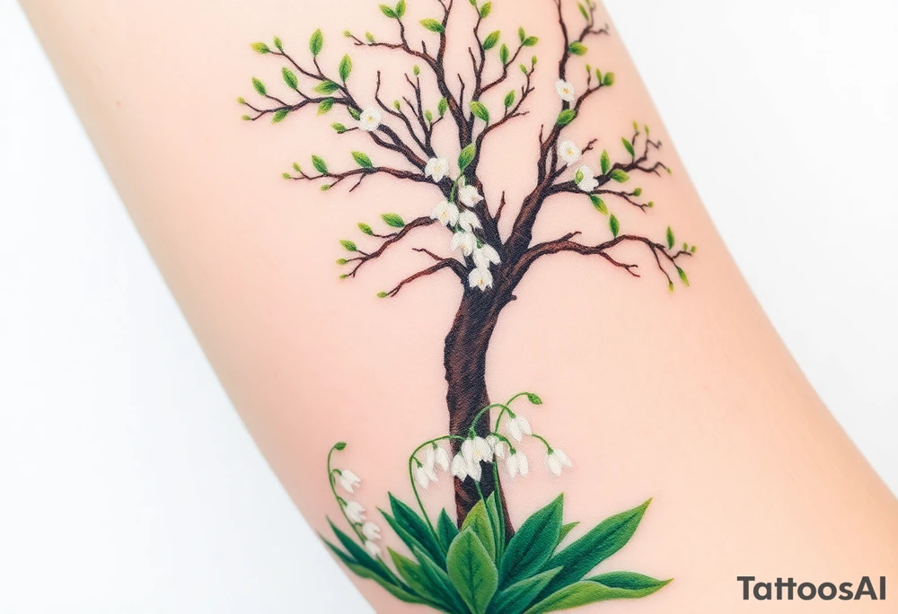 White flowering Lilly of the vally bell plants on the ground underneath a majestic blooming hawthorn tree tattoo idea