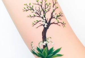 White flowering Lilly of the vally bell plants on the ground underneath a majestic blooming hawthorn tree tattoo idea
