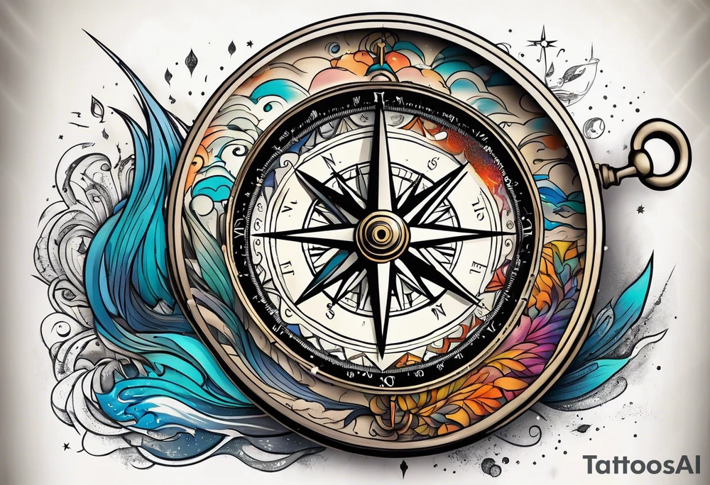 vintage compass with river falling over it tattoo idea