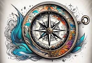 vintage compass with river falling over it tattoo idea