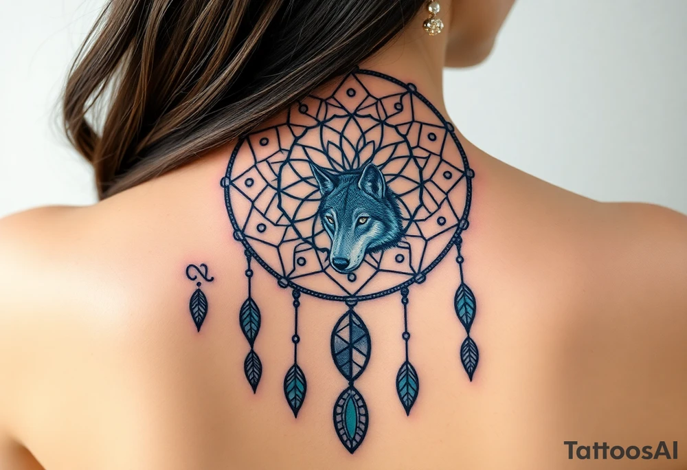 Dreamcatcher with zodiac symbols and protection runes caught in it with wolf teal tattoo idea