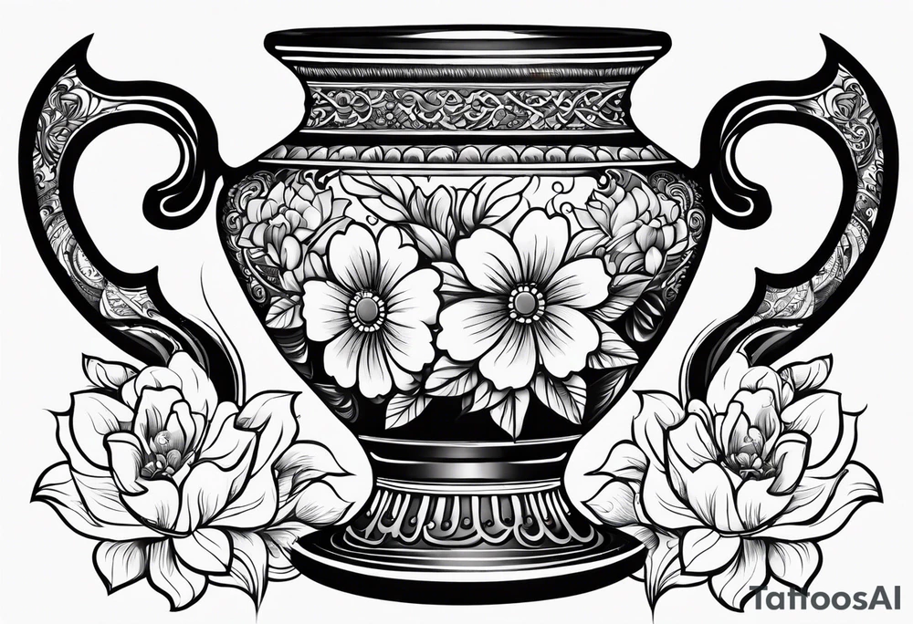 Traditional vase with patterns and flowers tattoo idea