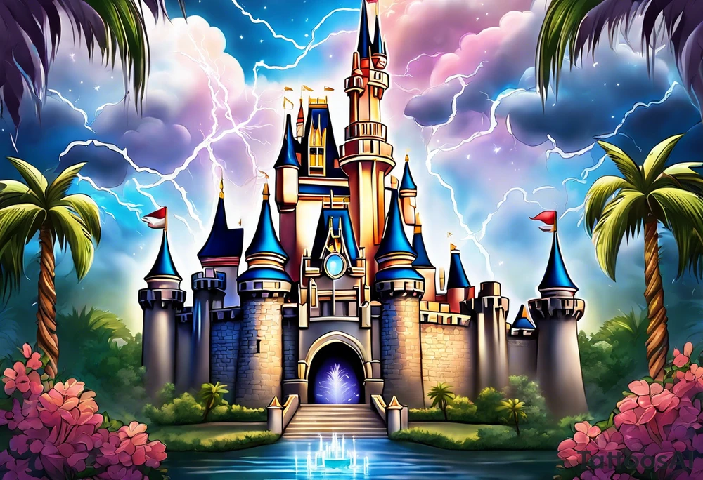 disney castle with a lightning storm palm trees and a mickey mouse tattoo idea