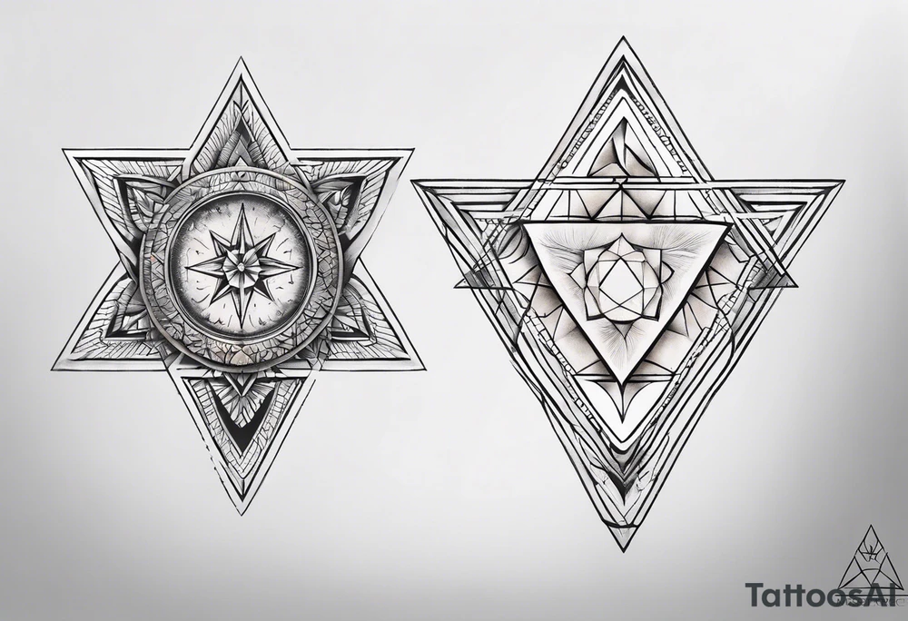 Fine line tattoo in the left forearm on the bottom side. The tattoo will have three shapes placed in a triangle formation. The top shape will be a geometric heart that symbolizes health. The bottom left will have a compass rose as a symbol for purpose. The bottom right will have three circles placed in a triangle formation to symbolize family. Tattoo should be minimalist with just the shapes filled in and no ornaments tattoo idea