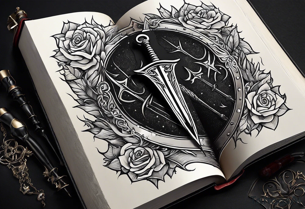 an empty open book with a sword through it, dragonwings and sparks surrounding the book. small design tattoo idea