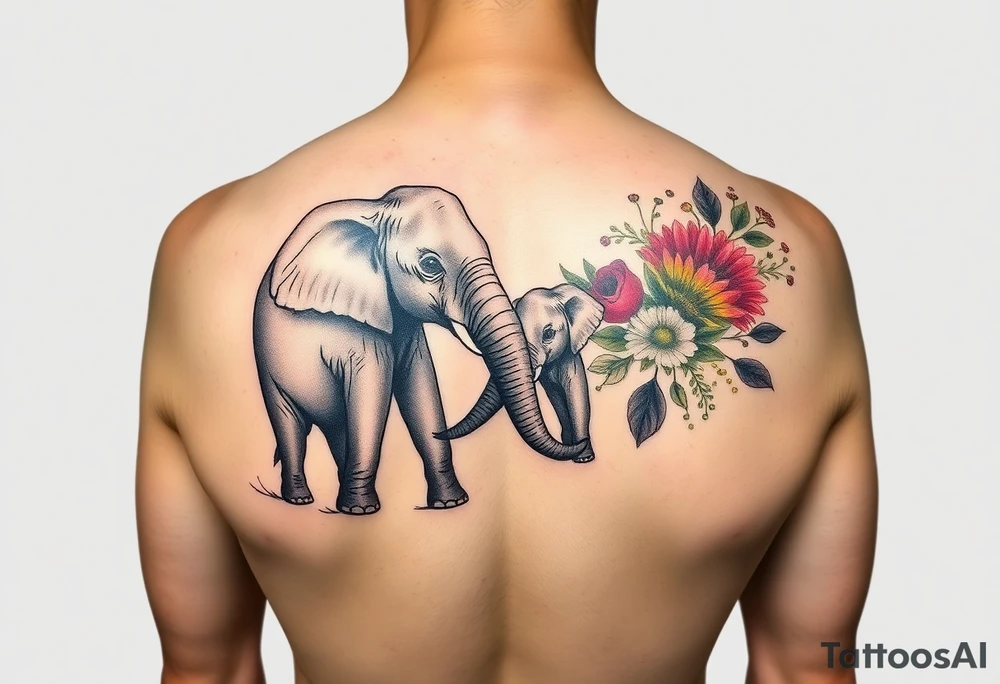 couple of elphants, a mother and a child
 facing foward tangling their trunks
sorrounded by a golden  art frame with beautiful design, but only in the left half, in the right instead of a frma blows a blast of colors with variants of coloured flowers tattoo idea