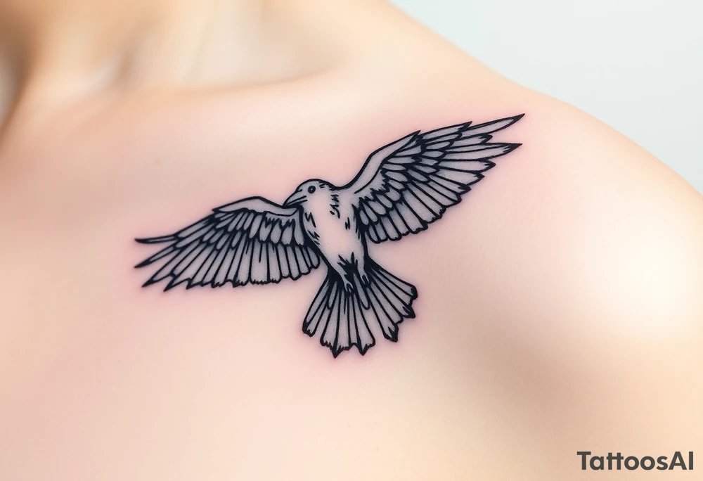 A detailed raven in mid-flight, wings spread wide with intricate feather patterns, symbolizing Tris’s journe and name TRIS tattoo idea