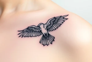 A detailed raven in mid-flight, wings spread wide with intricate feather patterns, symbolizing Tris’s journe and name TRIS tattoo idea