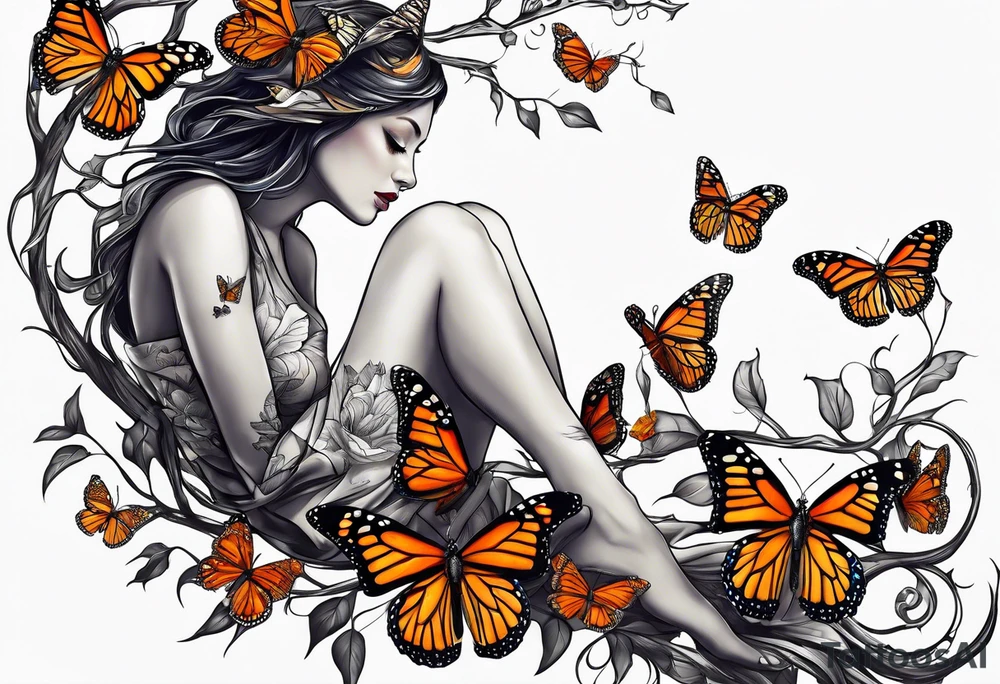 Female carindal sitting on a branch with a monarch butterfly flying tattoo idea