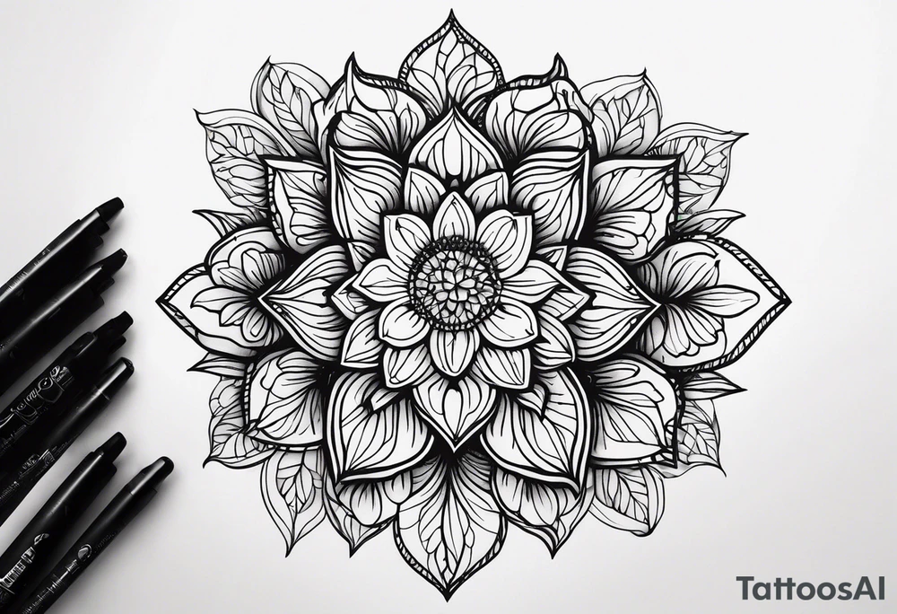 Symbolic shadowed black drawings on the background of different colored small multiple flowers tattoo idea
