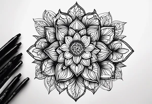 Symbolic shadowed black drawings on the background of different colored small multiple flowers tattoo idea