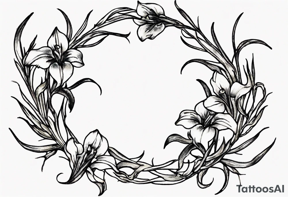 "Craft a petite yet exquisite Vincent van Gogh Irises tattoo, resembling a half wreath with vines gracefully intertwining at the center. The envisioned placement is on the upper chest, and the design should exude a delicate and artistic aesthetic, despite its smaller size." tattoo idea