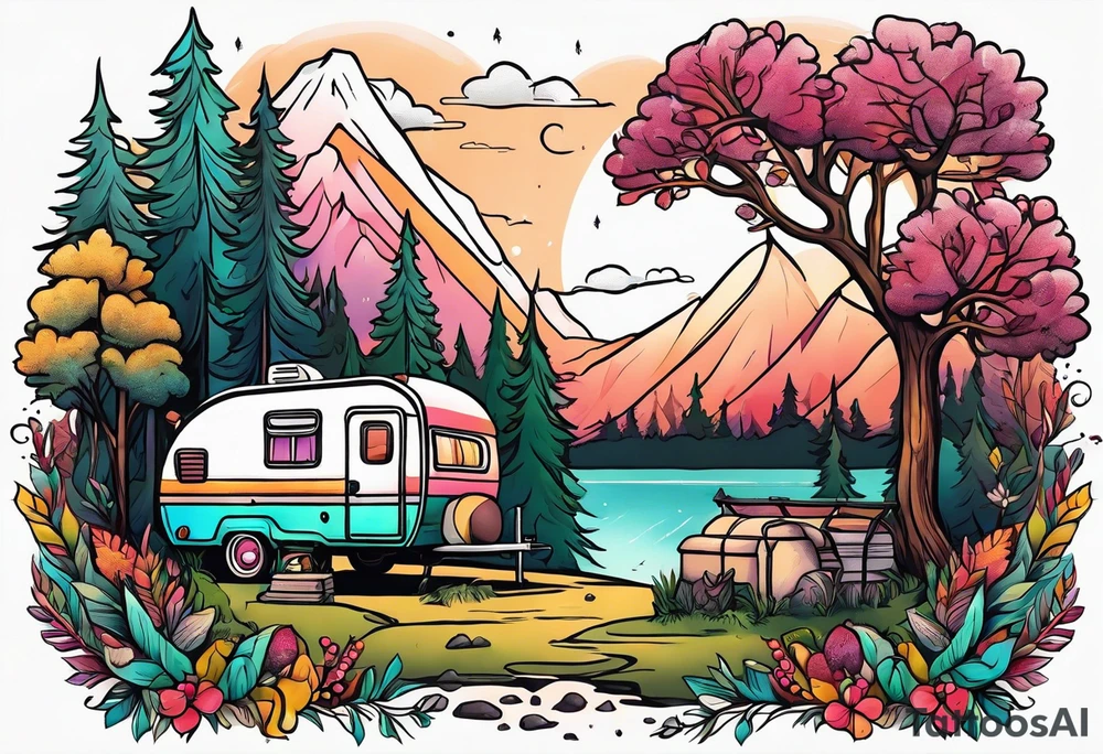 Camping in a colorful forest, adventure, feminine tattoo idea