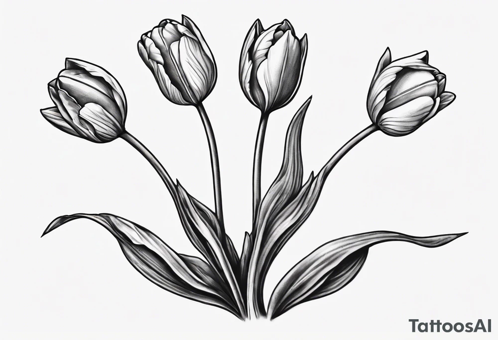 Design a unique tattoo depicting a bundle of three tulips. The first tulip should be in its bud form, with fine details conveying anticipation and the beginning of life. The second tulip should already be wilted, with its leaves appearing withered and crumpled, capturing the transient and finite nature of life. The third tulip should be perfect and magnificent, with vibrant colors and a flourishing beauty. Ensure that the composition is harmonious, and that the various stages of life in the tulips are clearly discernible. tattoo idea