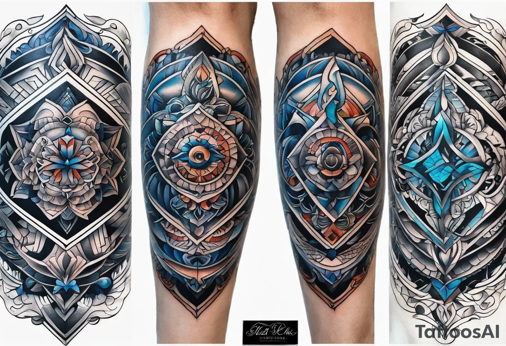 semi Detailed neo traditional knee tattoo flat on paper. The tattoo features geometric patterns and bold lines, creating a visually striking design with slight tints of deep fall colors. outside the tattoo features deep blues washes and water swirls tattoo idea