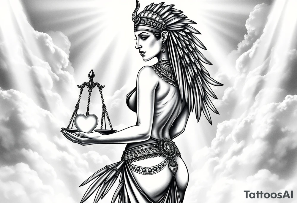 A sensual, curvaceous Egyptian goddess stands with her back slightly turned, accentuating her figure. She wears an elaborate ostrich feather headdress and ornate, intricate ancient Egyptian jewelry draped across her body. Her expression is mysterious and confident. In one hand, she holds the Scales of Justice: one side holds a radiant, glowing heart; the other, Ma’at’s feather. The scales themselves shimmer with an otherworldly light.
The background is a surreal, heavenly landscape filled with luminous clouds and beams of divine light piercing through, creating dramatic contrasts of deep shadows and highlights. The entire scene is bathed in an ethereal, mystical glow, with a dreamlike, almost supernatural atmosphere. tattoo idea