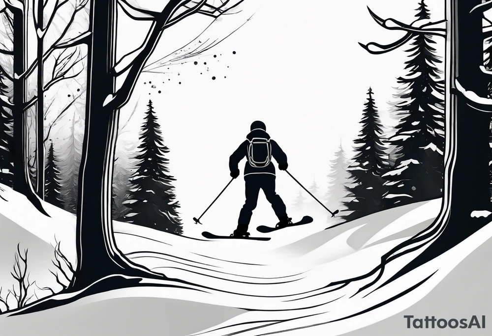 minimalist tattoo of a snow skier sking through trees showing ski trail tattoo idea