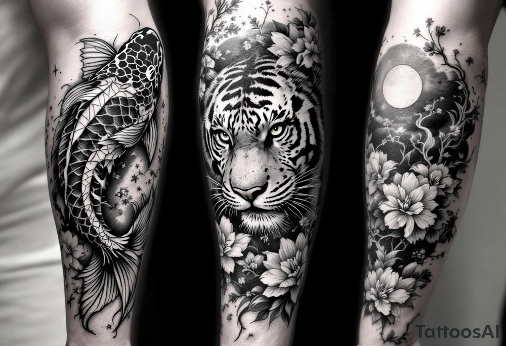 Full arm sleeve, one koi fish, one tiger, the sun, cherry blossom filler, beautiful tattoo idea