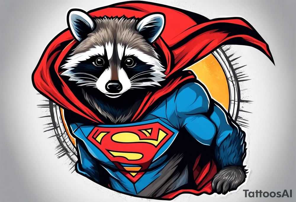 raccoon wearing a Superman hoodie tattoo idea