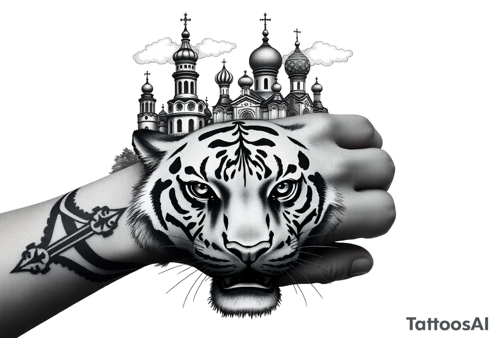 Realistic tiger face on the back of the hand with strong contrast and fine detail with all black eyes. then a highly detailed Russian Orthodox cathedral sitting above on the top fore arm with onion domes and orthodox crosses, done in fine line, engraving-like style. Cohesive composition, black ink only, no color, high contrast, slightly aged, documentary-style, plain light background. with clouds above and a virgin mary tattoo idea