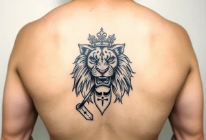 powerful majestic lion with a crown, 5 card hand, something Gemini related, and a happy mask getting pulled off tattoo idea