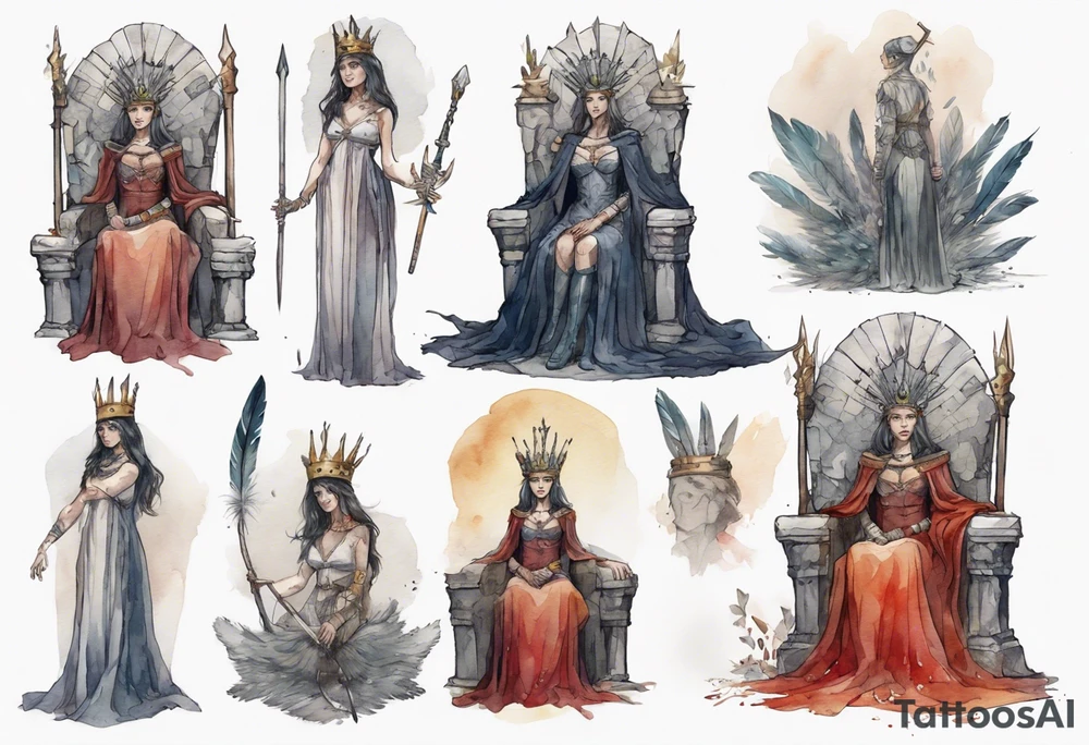 a Visigoth queen wearing a simple iron crown, wearing a feather cloak, sitting on a simple stone throne tattoo idea