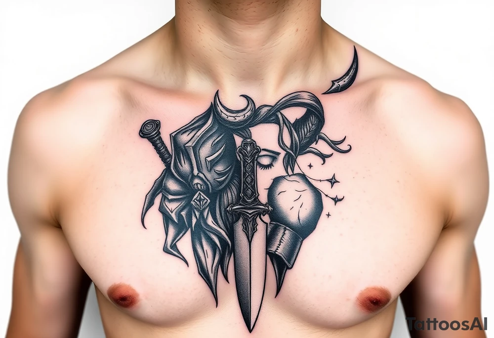 Feminine Tattoo dark female warrior with dagger and realistic horns just barley touching collarbone with a lot of shading tattoo idea