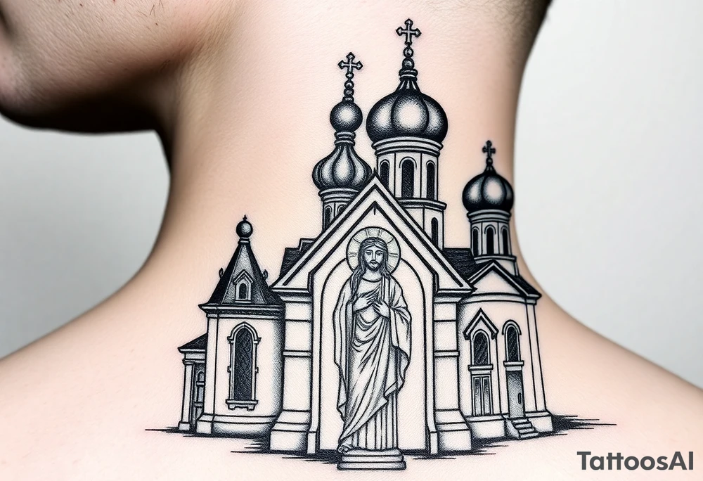 medium sized Russian orthodox church with bulb domes with a prominent russian orthodox mosaic jesus tattoo idea