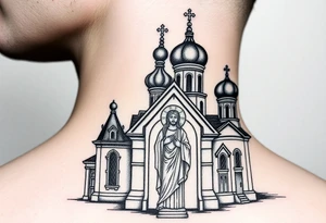 medium sized Russian orthodox church with bulb domes with a prominent russian orthodox mosaic jesus tattoo idea